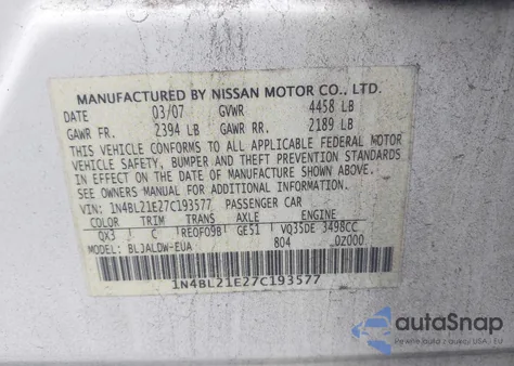 2007 Nissan Altima 3.5 Se из США, поврежденный, VIN 1N4BL21E27C193577